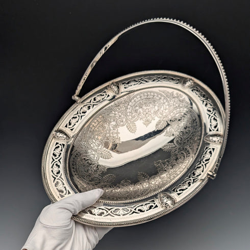 1870 British Antique Silver Plate Movable Handle Basket Thomas Bradbury & Sons