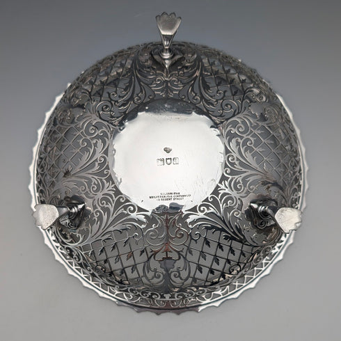 1911 British antique pierced earrings sterling silver footed fruit bowl 436g Goldsmiths&Silversmiths