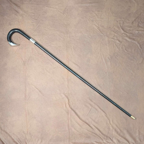 1903 British antique black shaft curved handle pure silver decorated walking stick 92cm