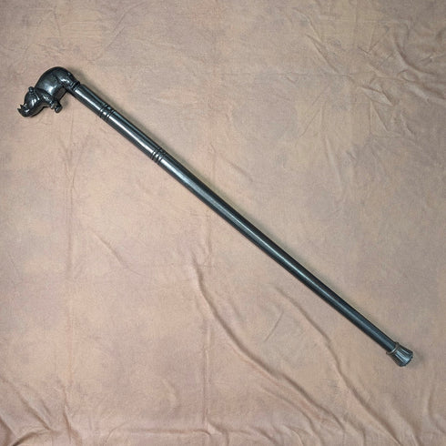 ヴィンテージ 極太ブラックシャフト ライノ彫刻ハンドル ステッキ 杖 83cm