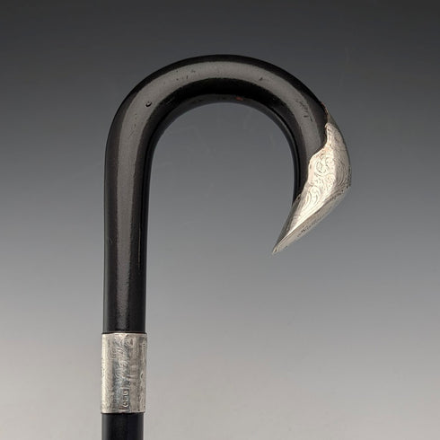 1903年 英国アンティーク ブラックシャフト 曲がりハンドル 純銀装飾 ステッキ 杖 92cm