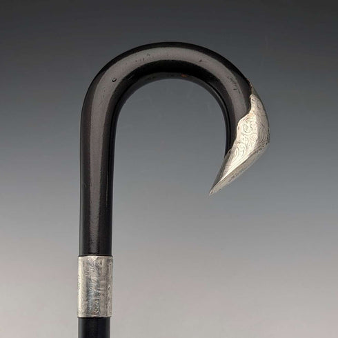 1903 British antique black shaft curved handle pure silver decorated walking stick 92cm