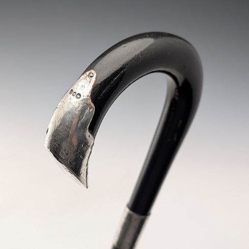 1903年 英国アンティーク ブラックシャフト 曲がりハンドル 純銀装飾 ステッキ 杖 92cm