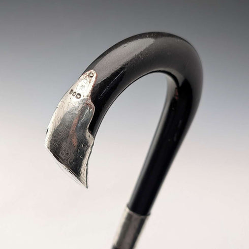 1903 British antique black shaft curved handle pure silver decorated walking stick 92cm