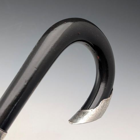 1903 British antique black shaft curved handle pure silver decorated walking stick 92cm