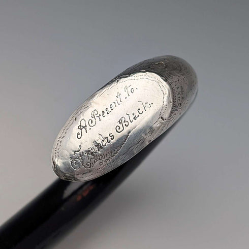 1903 British antique black shaft curved handle pure silver decorated walking stick 92cm