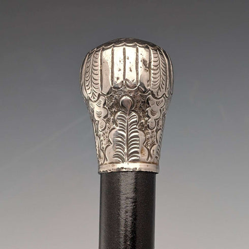 Circa 1900 Antique Black Shaft Sterling Silver Rondelle Handle Walking Stick 88cm