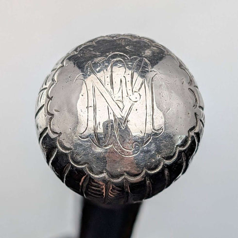 Circa 1900 Antique Black Shaft Sterling Silver Rondelle Handle Walking Stick 88cm