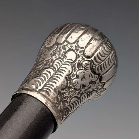 Circa 1900 Antique Black Shaft Sterling Silver Rondelle Handle Walking Stick 88cm