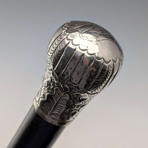 Circa 1900 Antique Black Shaft Sterling Silver Rondelle Handle Walking Stick 88cm
