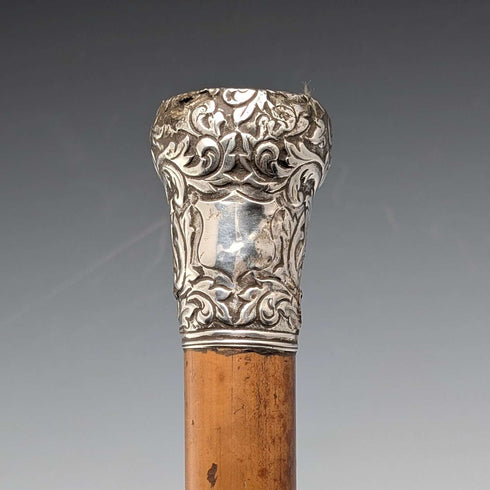 Circa 1900 Antique Malacca Shaft Sterling Silver Rondelle Handle Walking Stick 90cm