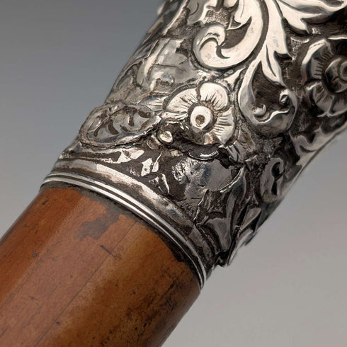Circa 1900 Antique Malacca Shaft Sterling Silver Rondelle Handle Walking Stick 90cm