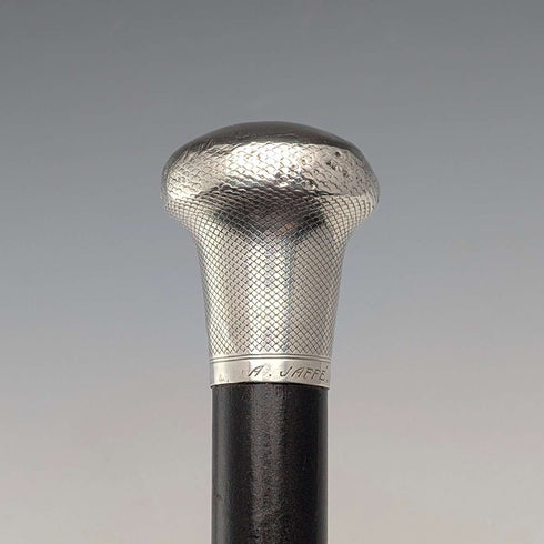 1921 Rikuni Antique Black Shaft Sterling Silver Rondelle Handle Walking Stick 91cm