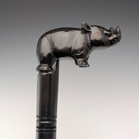 Vintage Thick Black Shaft Rhino Carved Handle Walking Stick 83cm