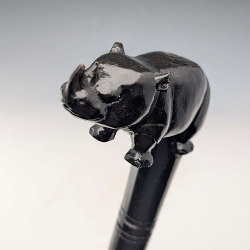 Vintage Thick Black Shaft Rhino Carved Handle Walking Stick 83cm