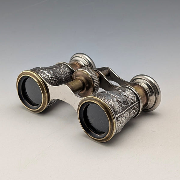 Circa 1900 Antique Silver Plate Hunting Decoration Opera Glasses Binoculars