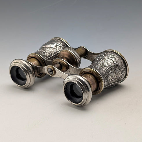 Circa 1900 Antique Silver Plate Hunting Decoration Opera Glasses Binoculars