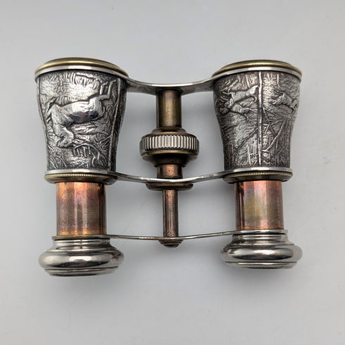 Circa 1900 Antique Silver Plate Hunting Decoration Opera Glasses Binoculars