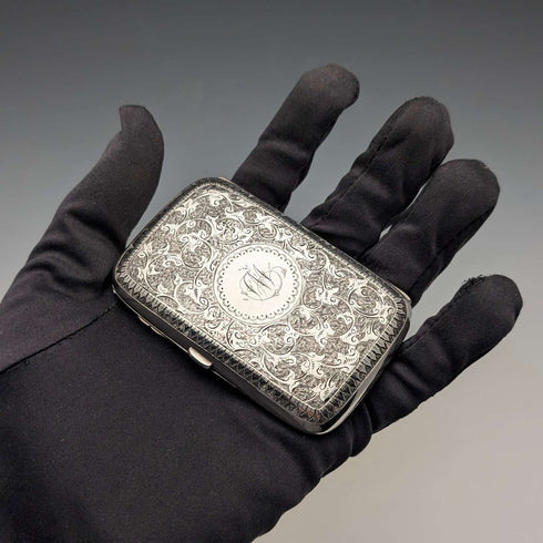 1880 British antique sterling silver cigarette case, 51g, with case, Hilliard & Thomason