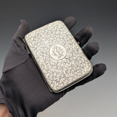 1895 British antique sterling silver double door card case, 123g, Deakin & Francis