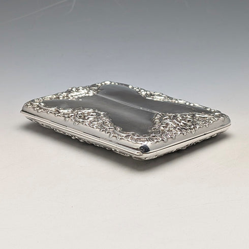1898 British antique embossed sterling silver double door card case, 101g, Henry Matthews