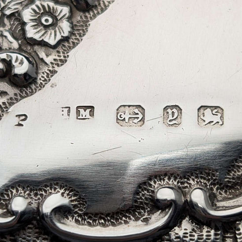 1898 British antique embossed sterling silver double door card case, 101g, Henry Matthews