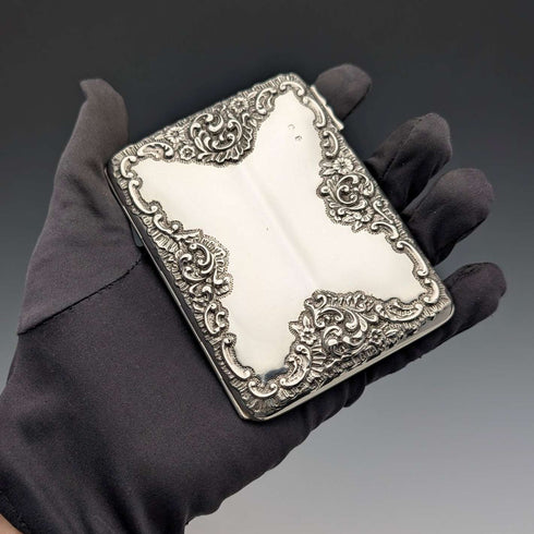 1898 British antique embossed sterling silver double door card case, 101g, Henry Matthews