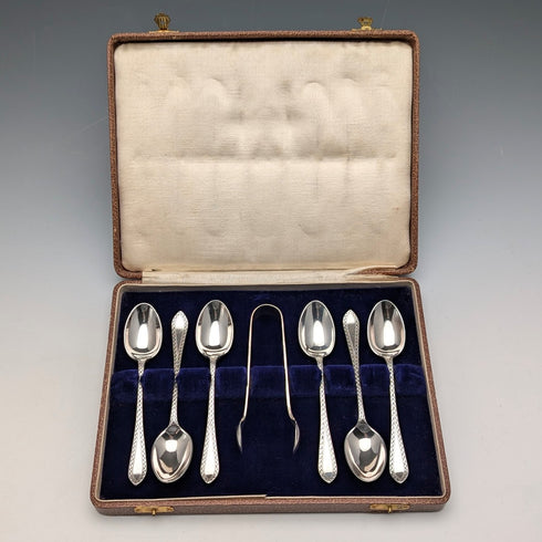 1910 British antique sterling silver tea spoons and sugar tongs set, 6 pieces, 100g, case included, Joseph Rodgers & Sons