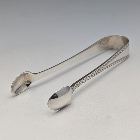 1910 British antique sterling silver tea spoons and sugar tongs set, 6 pieces, 100g, case included, Joseph Rodgers & Sons