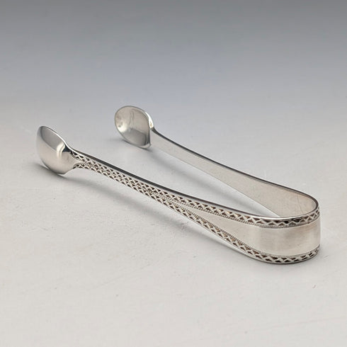 1910 British antique sterling silver tea spoons and sugar tongs set, 6 pieces, 100g, case included, Joseph Rodgers & Sons