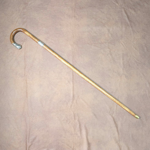 1906年 英国アンティーク ブラウンシャフト 曲がりハンドル 純銀装飾 ステッキ 杖 80cm