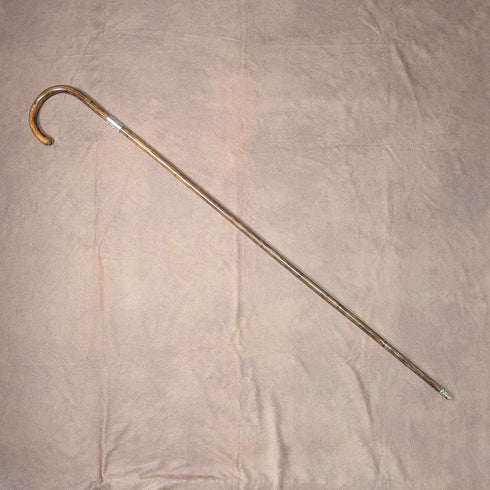 Circa 1930 British vintage brown shaft, curved handle, sterling silver decoration, walking stick, 89cm