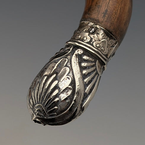 1906年 英国アンティーク ブラウンシャフト 曲がりハンドル 純銀装飾 ステッキ 杖 80cm