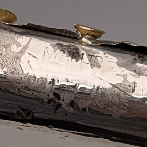 Circa 1930 British vintage brown shaft, curved handle, sterling silver decoration, walking stick, 89cm