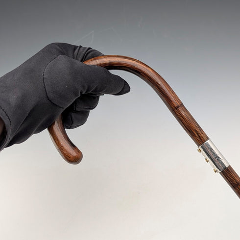 Circa 1930 British vintage brown shaft, curved handle, sterling silver decoration, walking stick, 89cm