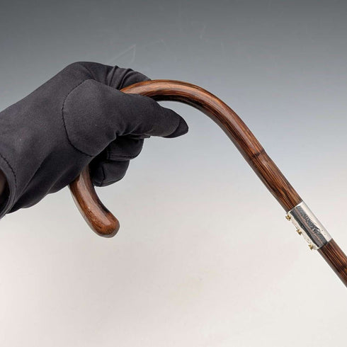 Circa 1930 British vintage brown shaft, curved handle, sterling silver decoration, walking stick, 89cm