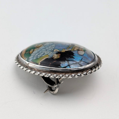 英国ヴィンテージ 純銀製 蝶の羽による2人の女性 オーバルブローチ