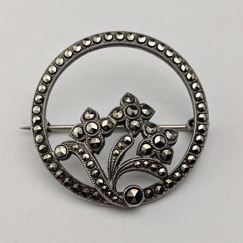 Vintage Sterling Silver Marcasite Floral Round Brooch