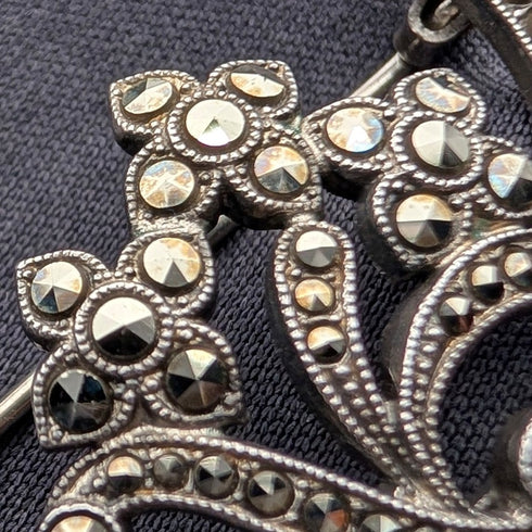 Vintage Sterling Silver Marcasite Floral Round Brooch