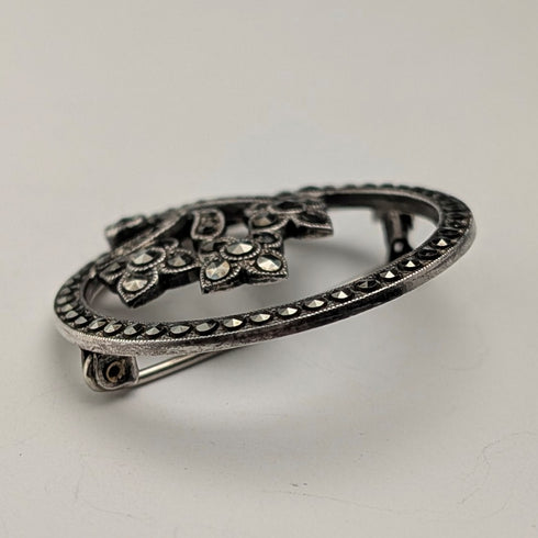 Vintage Sterling Silver Marcasite Floral Round Brooch