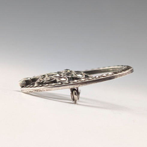 Vintage Sterling Silver Marcasite Floral Round Brooch