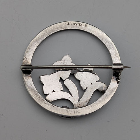 Vintage Sterling Silver Marcasite Floral Round Brooch