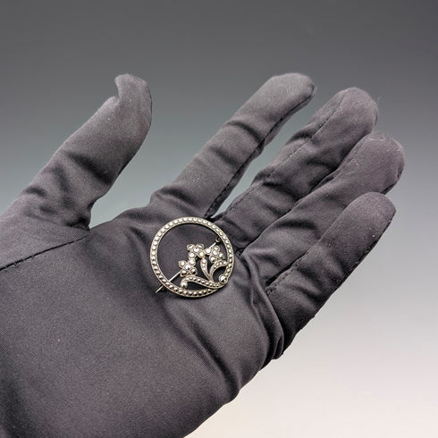 Vintage Sterling Silver Marcasite Floral Round Brooch