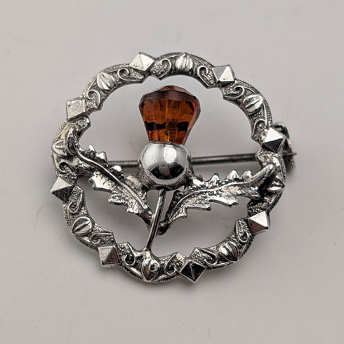 Vintage British sterling silver amber stone round brooch, Ward Brothers
