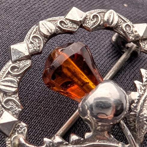 Vintage British sterling silver amber stone round brooch, Ward Brothers