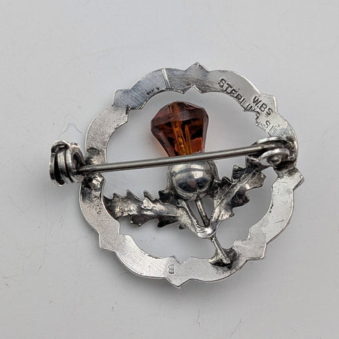Vintage British sterling silver amber stone round brooch, Ward Brothers