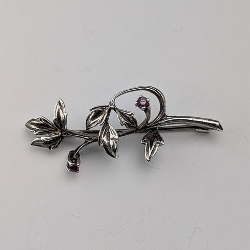 Vintage Silver Floral Decorated Purple Stone Twig Brooch