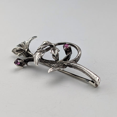 Vintage Silver Floral Decorated Purple Stone Twig Brooch