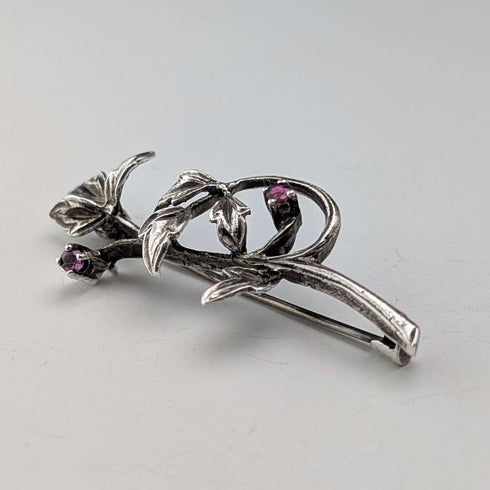ヴィンテージ シルバー製 フローラル装飾 パープルストーン 小枝型ブローチ