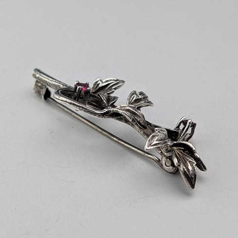 Vintage Silver Floral Decorated Purple Stone Twig Brooch